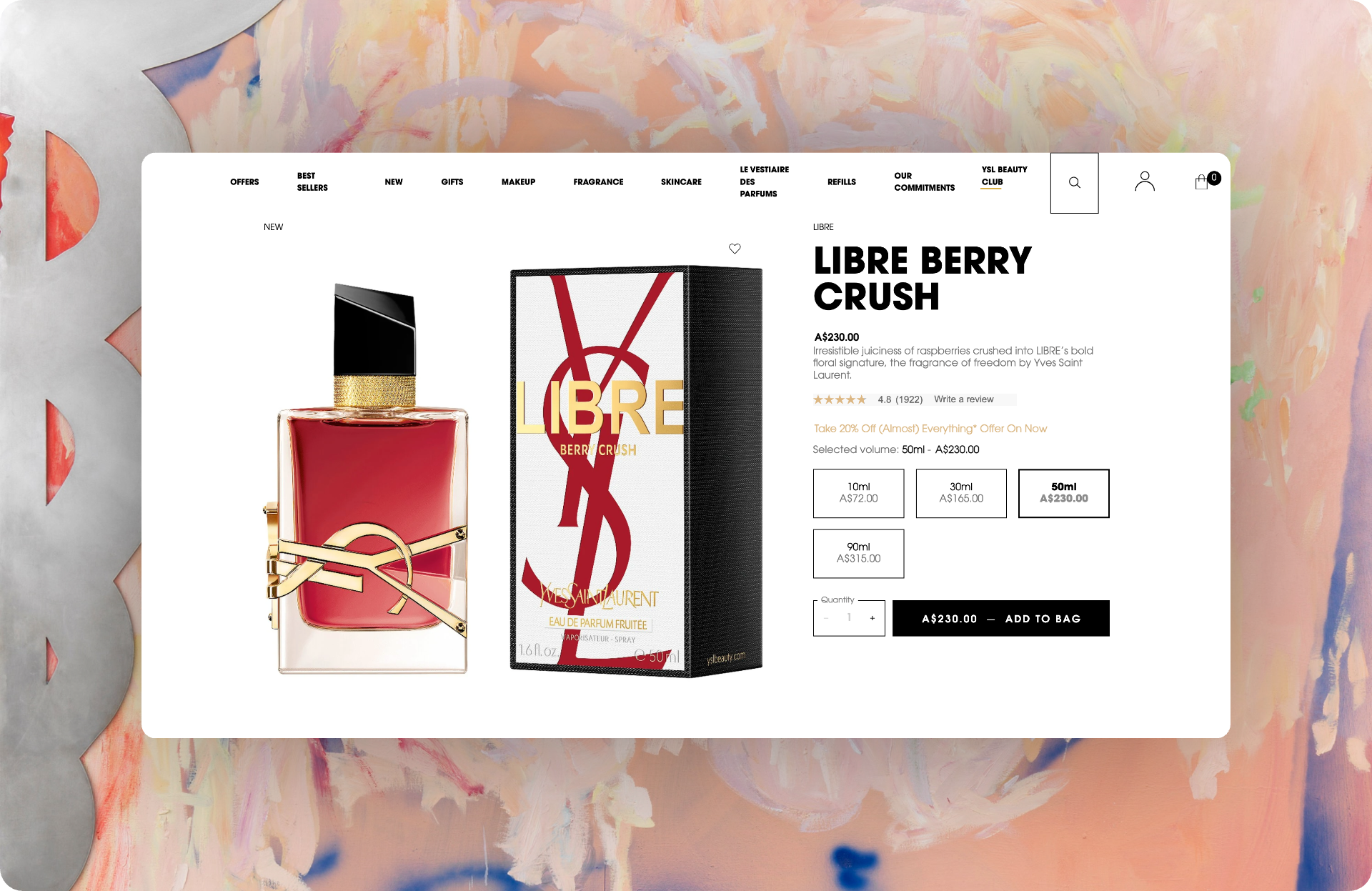 The same YSL page framed by Screenshot Framer on a peach watercolor background — no browser chrome, no taskbar.