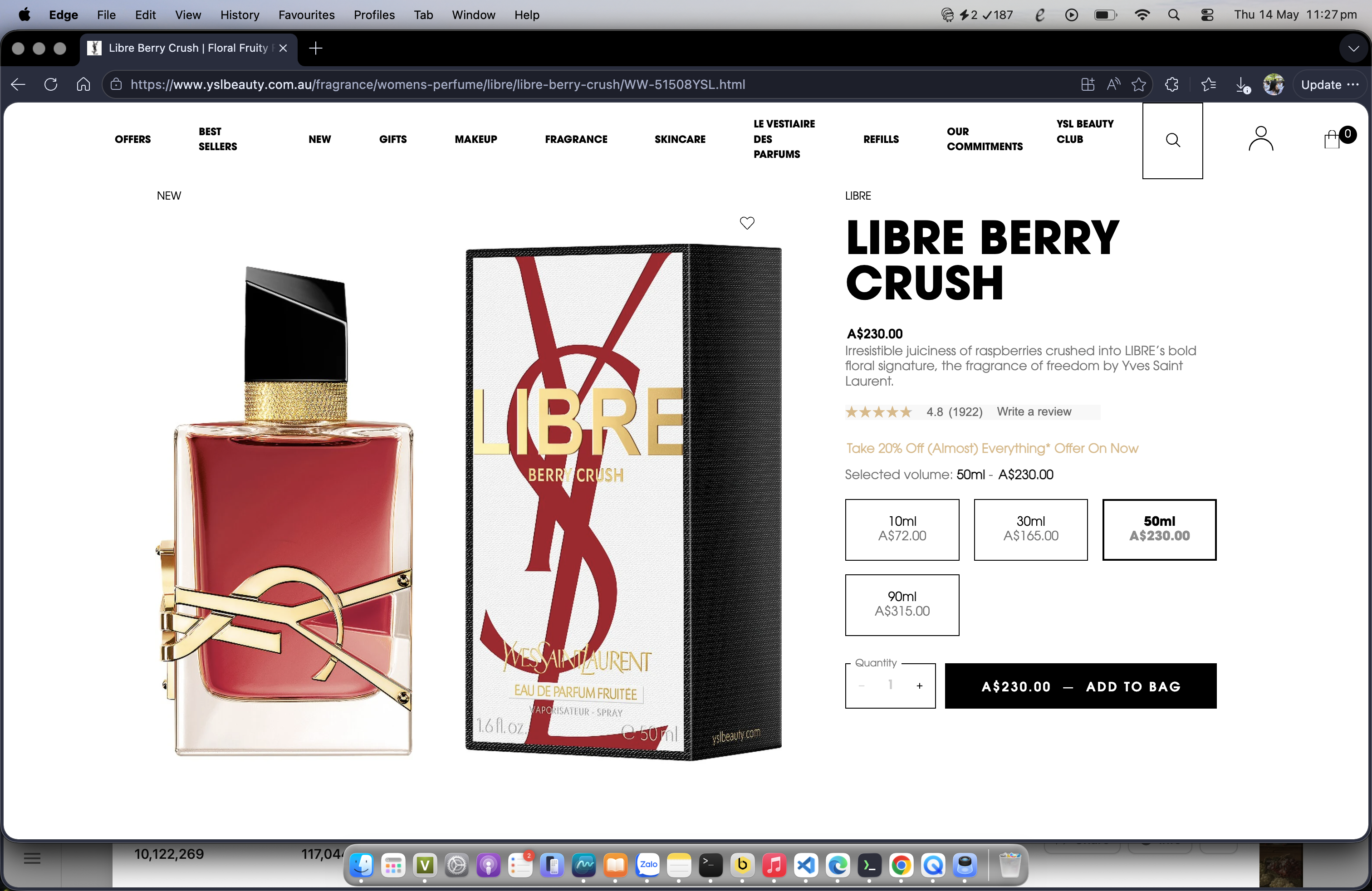 Raw browser screenshot of a YSL product page — full Edge browser chrome, taskbar, and desktop visible.