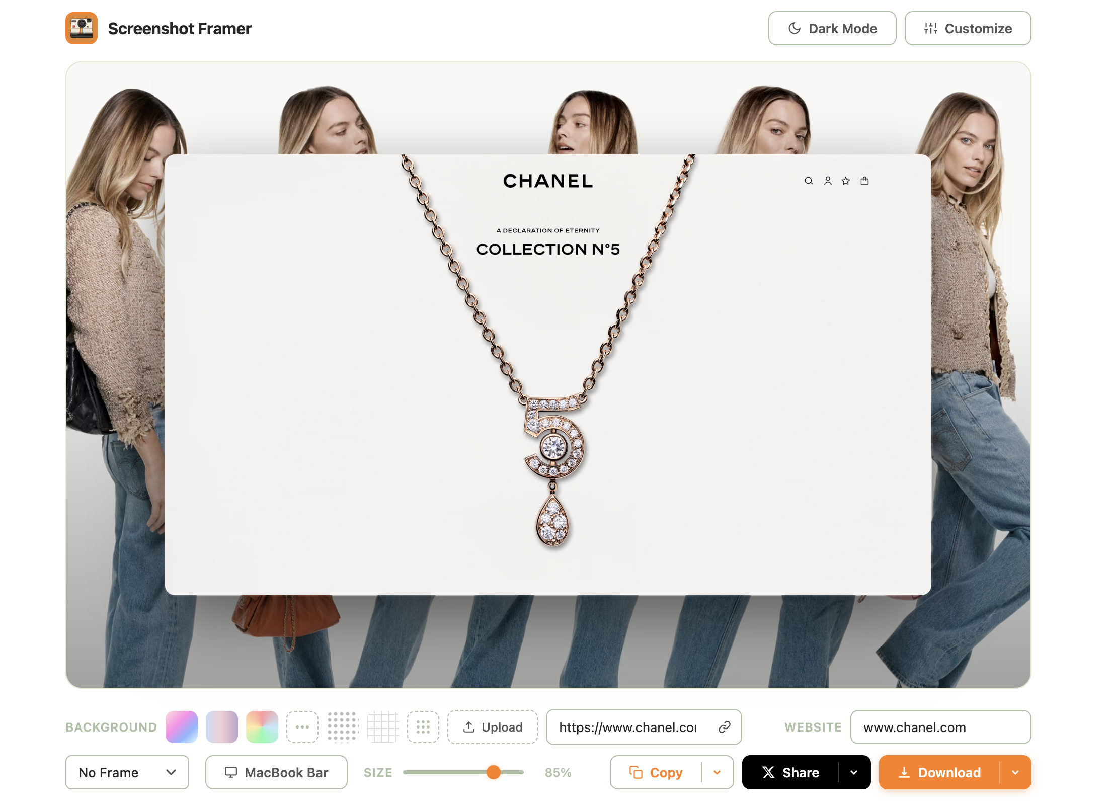 Screenshot Framer result page: a Chanel No. 5 product shot framed in the editor with background, website, and share controls.
