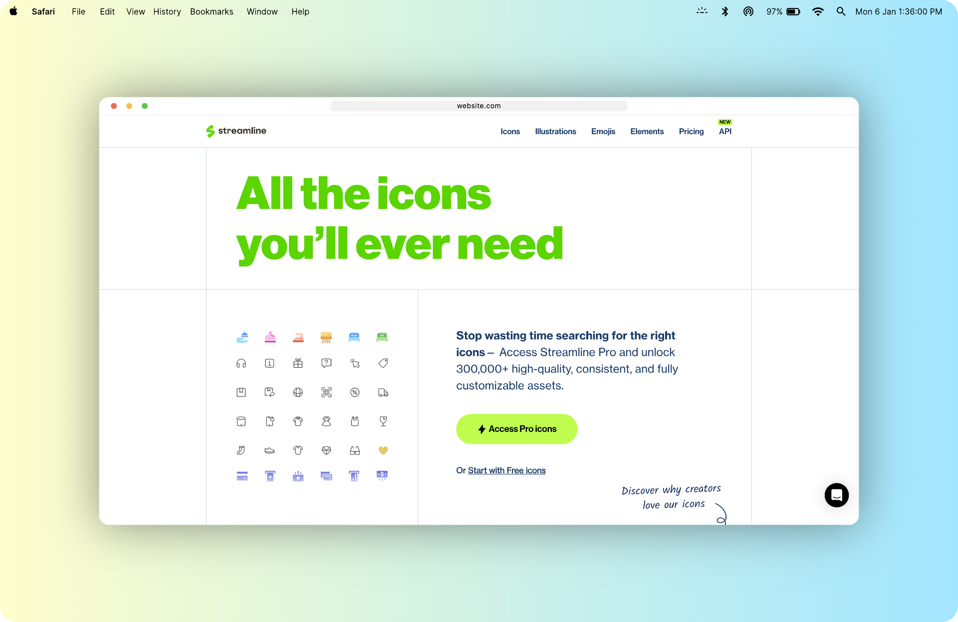 Streamline icons landing page in a macOS Safari frame on a cream-to-mint gradient.