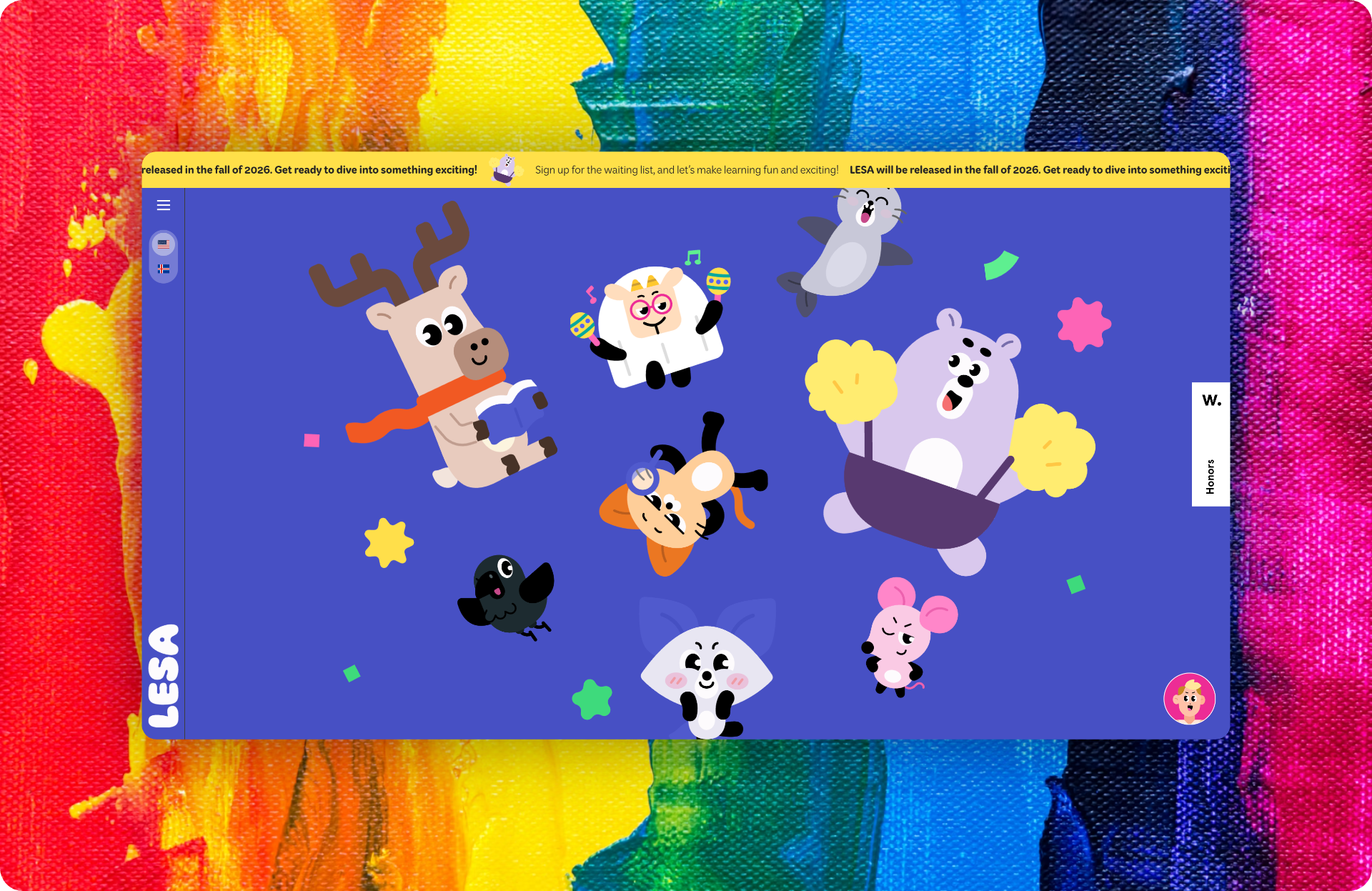 LESA cartoon mascots page on a rainbow paint-splatter background.