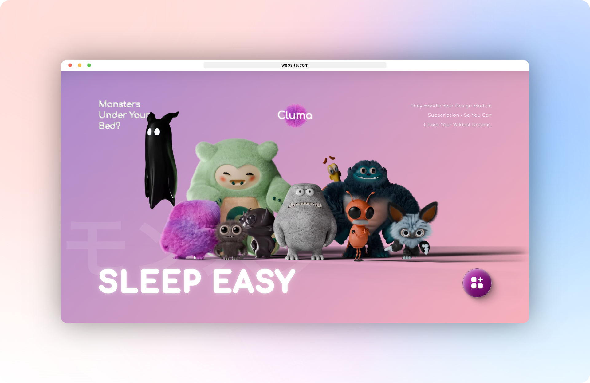 Cluma “Sleep Easy” page in a macOS Safari frame on a purple-pink gradient.